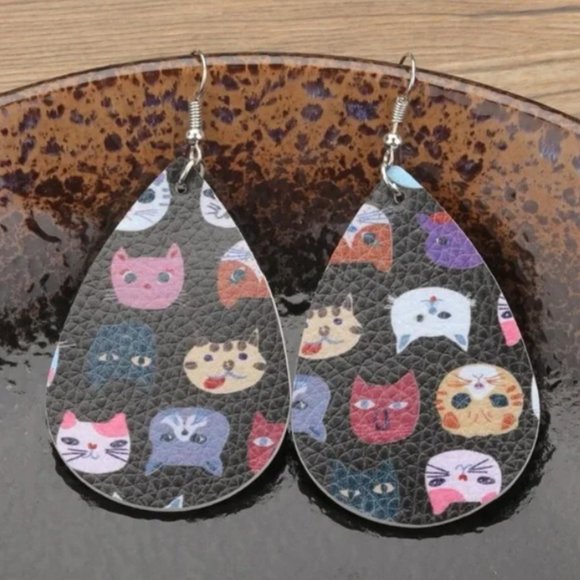 Cat Print Leather Drop Earrings - Picture 3 of 5